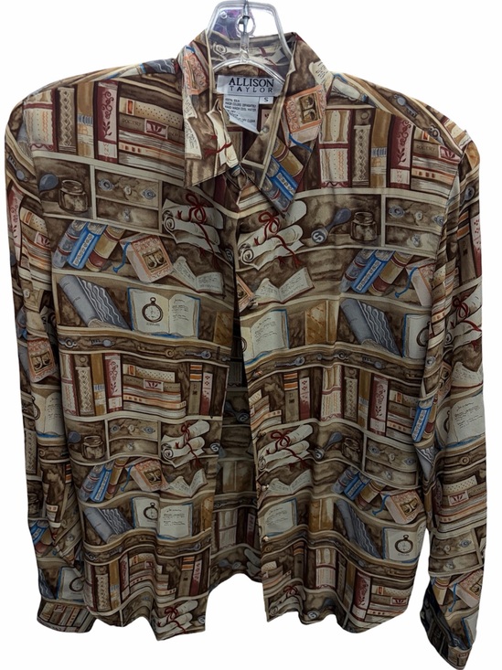 Allison Taylor Tops - Vintage Allison Taylor Bookcase Print-rare art design button-up  100% Silk S